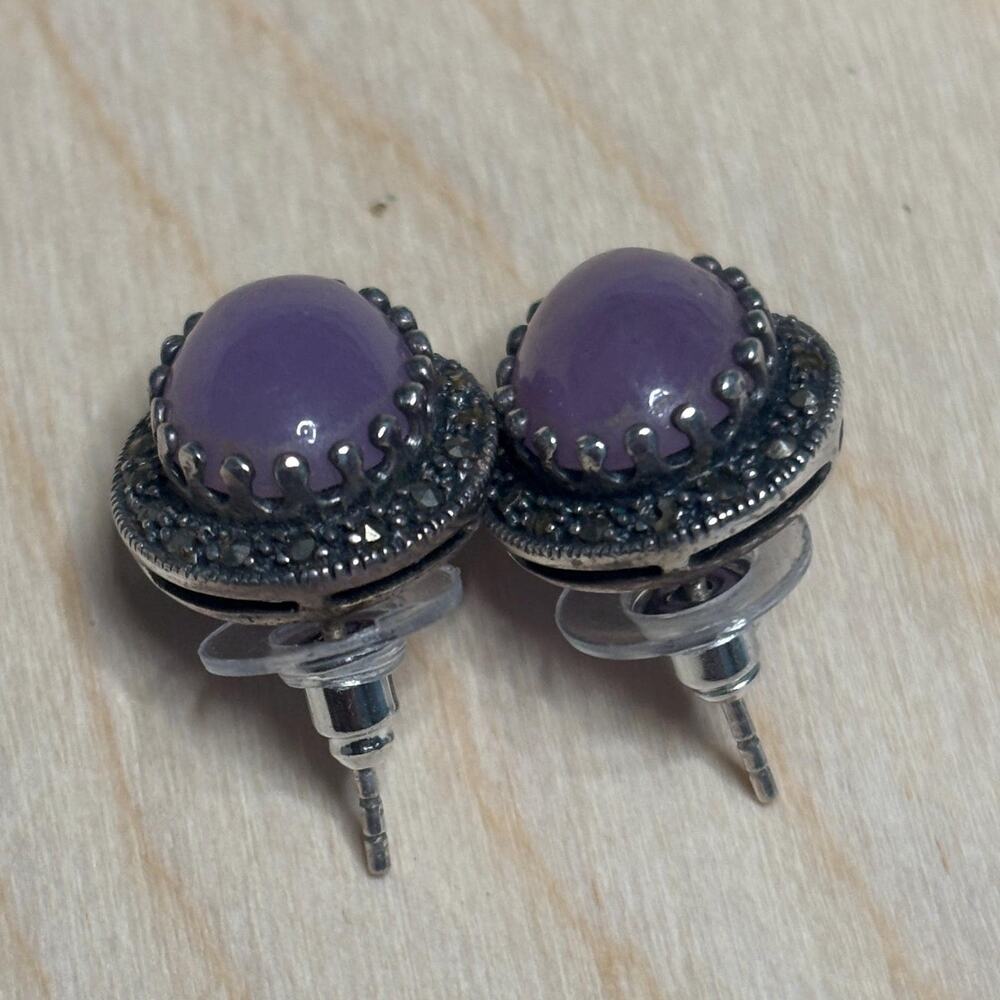 Vintage 925 Sterling Silver Lavender Jade Marcasite Oval Stud Earrings - Picture 4 of 6